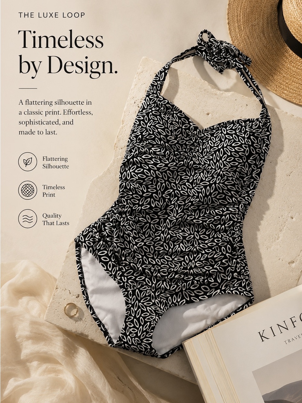 Speedo Black and White Leaf-Print Halter One-Piece Swimsuit for Kids